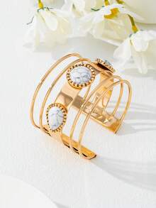 1pc Fashionable Versatile Metal Geometric Open Bangle Bracelet For Women, Everyday Wear - White - View 2
