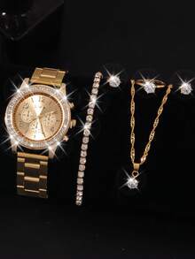 6 PIEZAS Reloj de cuarzo elegante y sencillo para mujer con esfera redonda con números arábigos, incrustaciones de rhinestone, correa de aleación, con anillos, pulseras, collares y aretes de botón, es el mejor regalo para niñas, adecuado para cumpleaños, festivales y regalos de pareja, caja de regalo no incluida