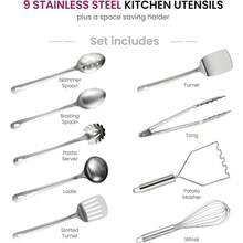 Juego de utensilios de cocina de acero inoxidable u2013 10 piezas antiadherentes y resistentes al calor, volteador, servidor de espaguetis, cucharn, cucharas para servir, batidor, pinzas, triturador de - Pago - Ver 4