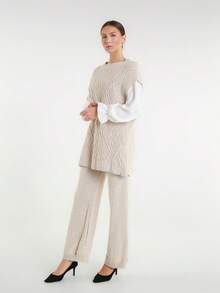 Einfaches, lässiges Strickset mit Zopfmuster und Rippstrick, für Zuhause, Strand, Urlaub und Alltag im Herbst und Winter - Beige - Übersicht 3