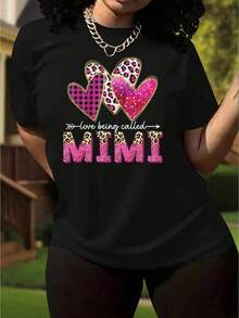 Camiseta negra de moda casual para mujeres con estampado de cuadros y corazón de leopardo, mangas cortas, cuello redondo - algodón, lavable a máquina - camisetas estampadas - Negro - Ver 1