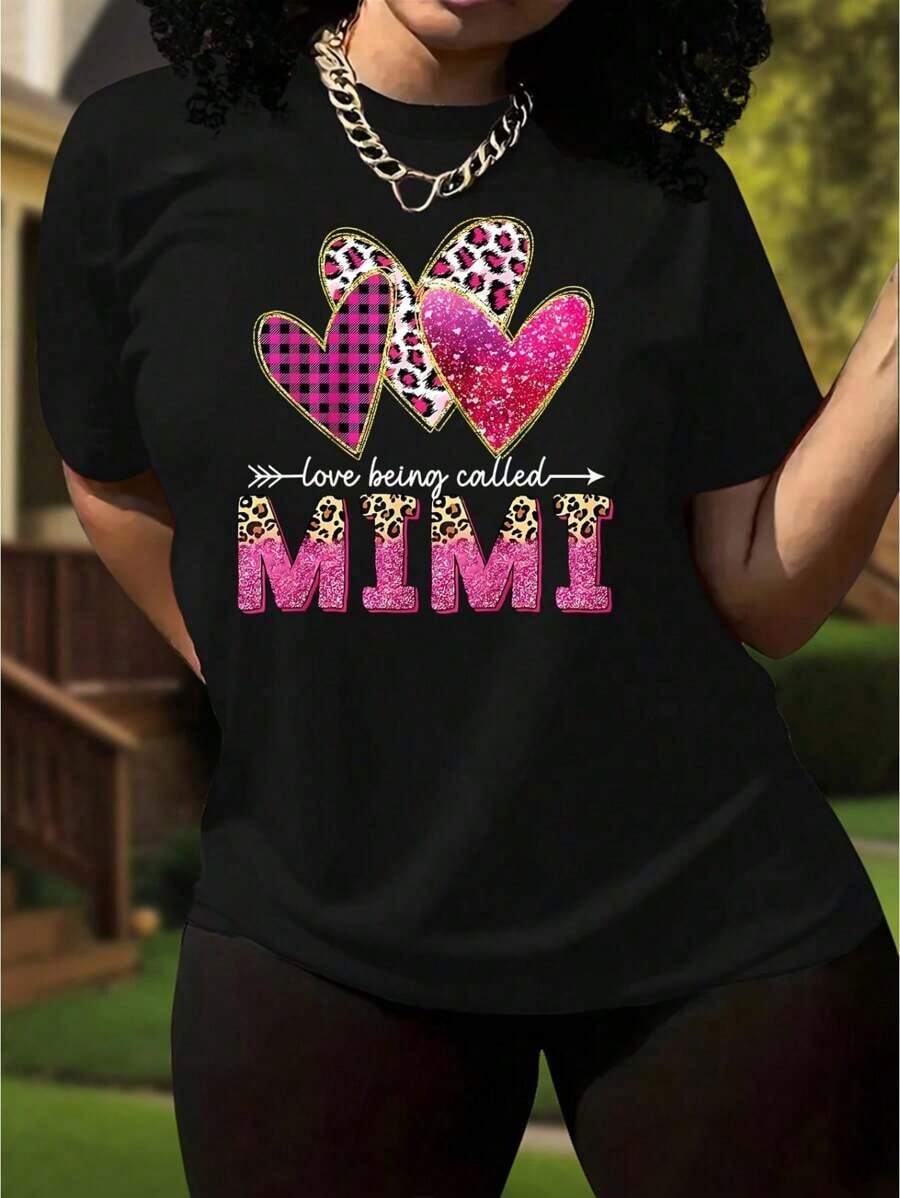 Camiseta negra de moda casual para mujeres con estampado de cuadros y corazón de leopardo, mangas cortas, cuello redondo - algodón, lavable a máquina - camisetas estampadas - Negro - Ver 1