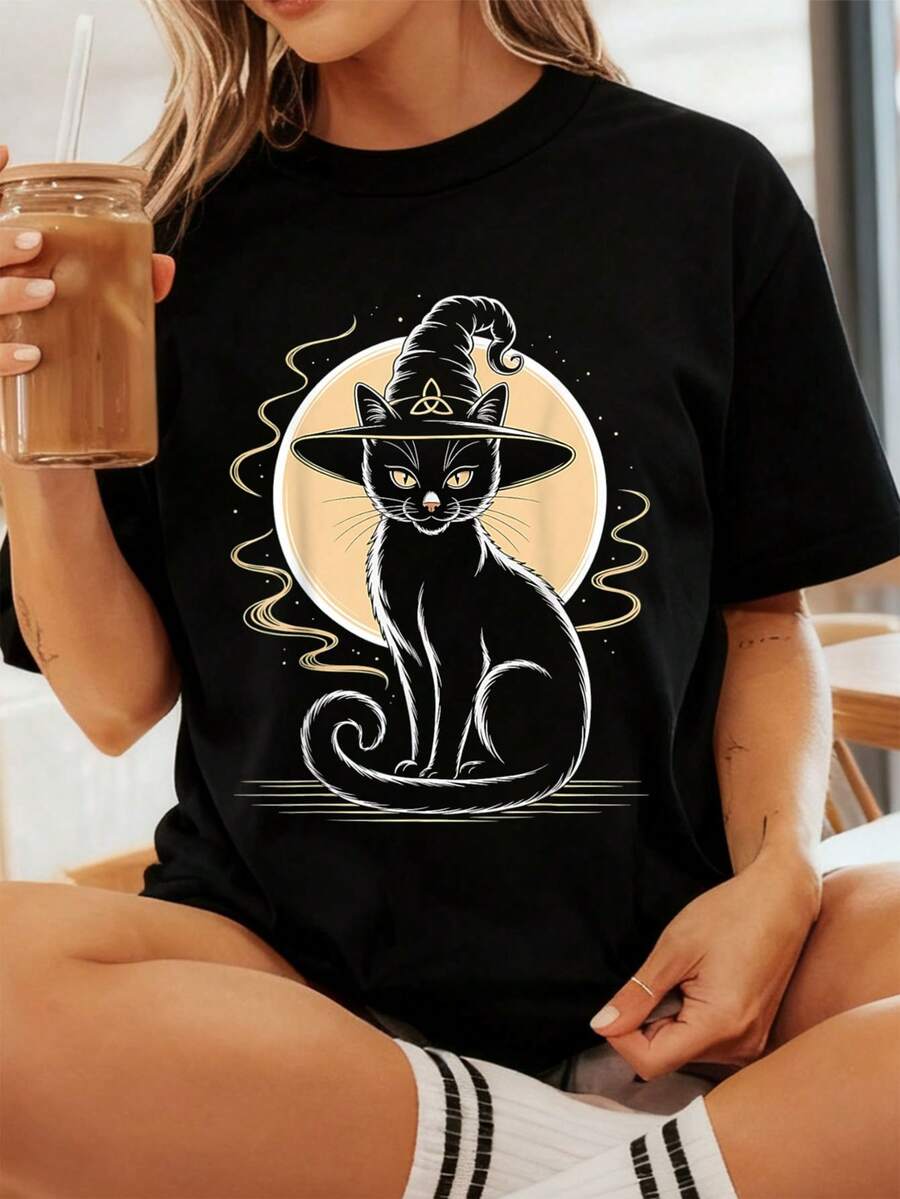Scary Vintage Black With Witch Hat Full Moon Halloween-Shirt Graphic Tees Women Crop Tops Summer Outfits Women Summer Tops-Shirt - 黑色 - 查看 1