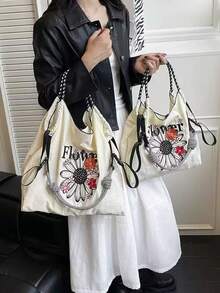 1 件时尚百搭刺绣花卉撞色手提包，轻便通勤尼龙可折叠购物袋 - 彩色 - 查看 1