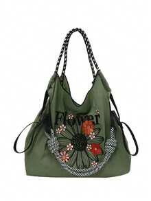 1 件时尚百搭刺绣花卉撞色手提包，轻便通勤尼龙可折叠购物袋 - 彩色 - 查看 13