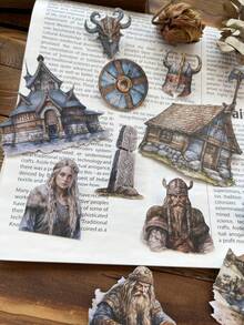 15 pezzi/confezione Adesivi vintage con personaggi della leggenda vichinga, case, paesaggi, figure carine, piante, decorazioni per scrapbooking, diari fai-da-te, forniture per la cancelleria