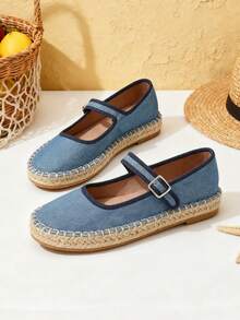 French Style Mary Jane Flats For Women Espadrilles Platform Thick Heel Ballet Flats Chill Jeans Design Buckle Mary Jane Shoes Women - 藍色 - 查看 1