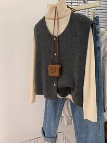 JIANHU 简约针织背心，打造叠穿造型，优雅纽扣细节，秋冬日常穿着，保暖百搭，适合圣诞节、新年派对及日常穿着。 - 深灰色 - 查看 5
