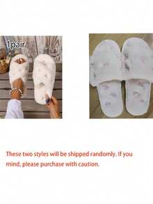 1pair Women's Cozy Faux Fur Slip-On Slippers With Pink Bow Embroidery - Stylish All-Season Indoor Flat Shoes, Casual Comfort Wear, Hand Washable, Casual Footwear | Stylish Slippers | Soft Texture,Women's Faux Fur Embroidered Slippers With Pockets, Sole For Noise Reduction, All-Season Indoor House Shoes, Ladies Slippers, Comfortable Footwear, Elegant Slipper Design