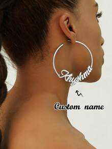 1pc Customized Personalized Name Plate Earrings | Customized Name Circle Earrings | Customized Jewelry Gift For Her | Gold Statement Large Customized Hoop Earrings - Silver - View 1