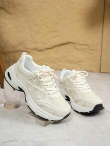 New Women Casual Sneakers, Chunky Sneakers, Shoes, White Shoes, Lace-Up Round Toe Mixed Material Breathable Versatile Printed Graffiti College Style Student Outdoor Hiking Casual Commuting Shoes