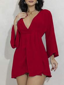 Women's Short Dress Long Sleeve Flare Duna Loose Sensual Neckline Foreign Fashion 2025 - Đỏ - Xem 2