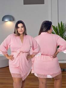 Women's Plus Size Robe In Romantic With Lace Detail And Satin Bow, Luxury, Comfortable, Pink - Rosa Pálido - Ver 4