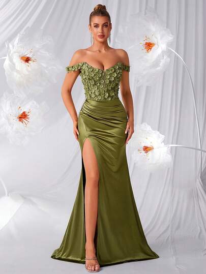 Elegant One Shoulder Sheer Applique Fishtail High Waist Ruffle Slit Backless Tie Long Party Dress, Suitable For Ball, Birthday Party, Formal Dinner, Date, Homecoming, Wedding Guest, Formal Gala, Family Holiday (Applique Placement Random)