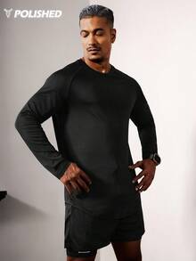 Boyfriend Style Men Solid Raglan Sleeve Curved Hem Sports Tee Long Sleeve Shirt Workout Tops Fall Fall Breathable - Black - View 6