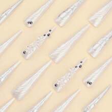 Long Press On Nails Stiletto Fake Nails White Chrome Glue On Nails 3d Ripple Butterly Pearl Charm Acrylic Nails Y2k False Nails 24Pcs Coquette Almond Manicure Nails Luxury Handmade Nails - 多色17 - 查看 4