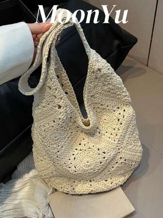 女士编织向日葵图案手提包，柔软大容量单肩手提包，时尚优雅，适合度假