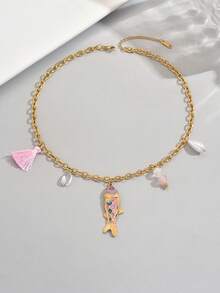 1pc 18K Gold Plated Minimalist Colorful Enamel Small Fish Pendant Stainless Steel Necklace, Suitable For Women's Daily Wear And Gift