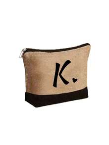 A-Z字母黑色帆布/亚麻手提袋，带化妆包，个性化礼品袋，适合婚礼、生日、海滩、度假、上学等场合，是送给女性、妈妈、老师、朋友、伴娘、学生的绝佳礼物。大容量手提袋，简约设计，便携休闲收纳袋。 - 彩色 - 查看 32