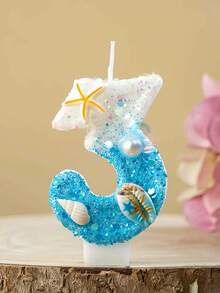 1件生日蠟燭 海星與貝殼設計 0-9數字款 亮粉藍色與白色蠟燭 適合海灘主題派對 海灘派對裝飾 - 彩色 - 查看 4