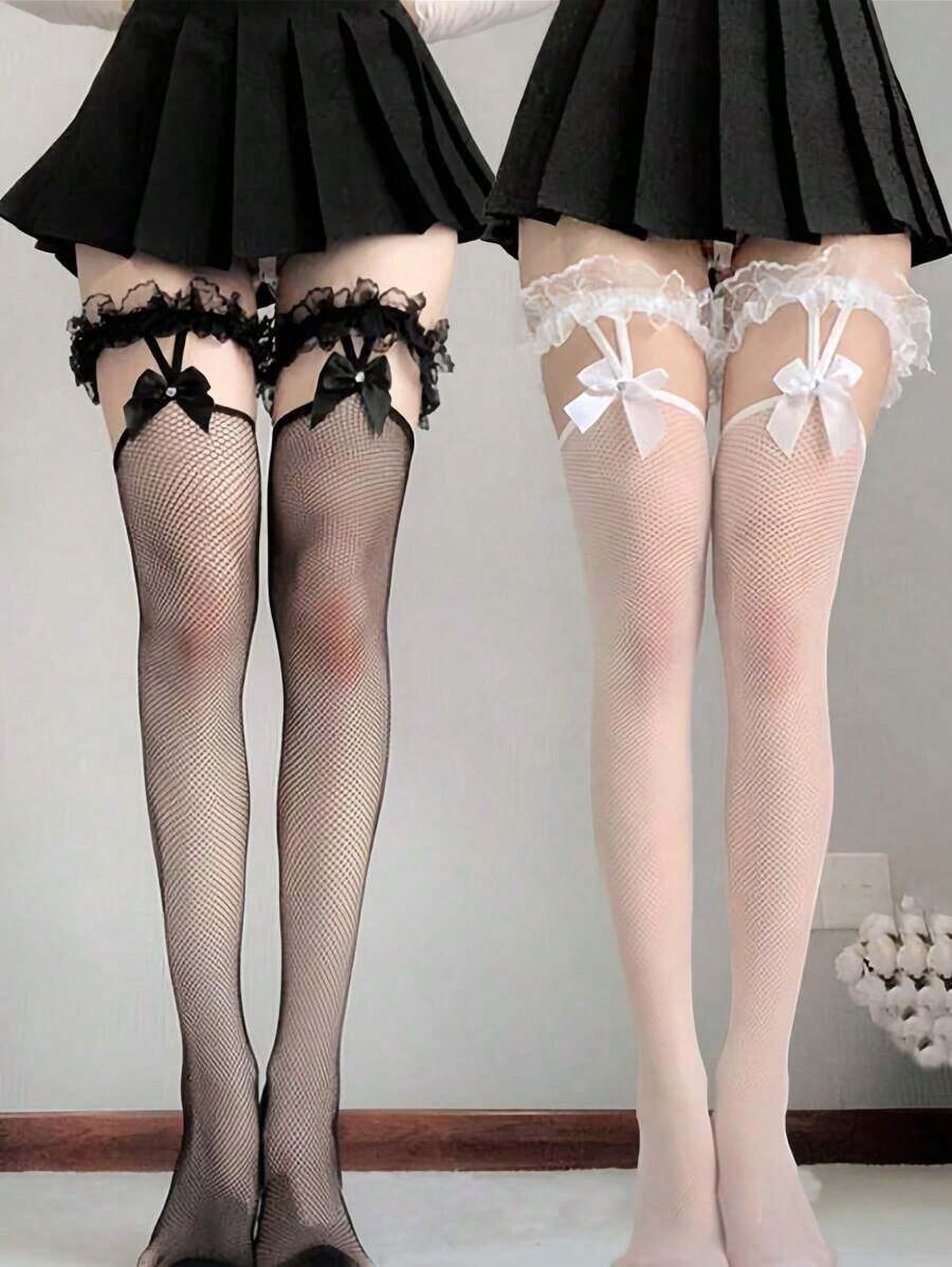 2 Pairs Lace Top Fishnet Stockings Bow Suspenders Thigh High Stockings Mesh Hold Up Stockings For Women, Y2K - 彩色 - 查看 1