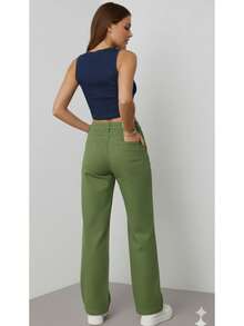 BNB Women's Wide Leg Jeans, High Waist, Elegant Outfits, Premium Twill - 開心果綠 - 查看 4