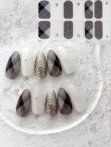 14pcs Geometric Pattern Almond Nail Stickers, Black & White Plaid Long Nail Art Decals Nails - Multicolor - View 1