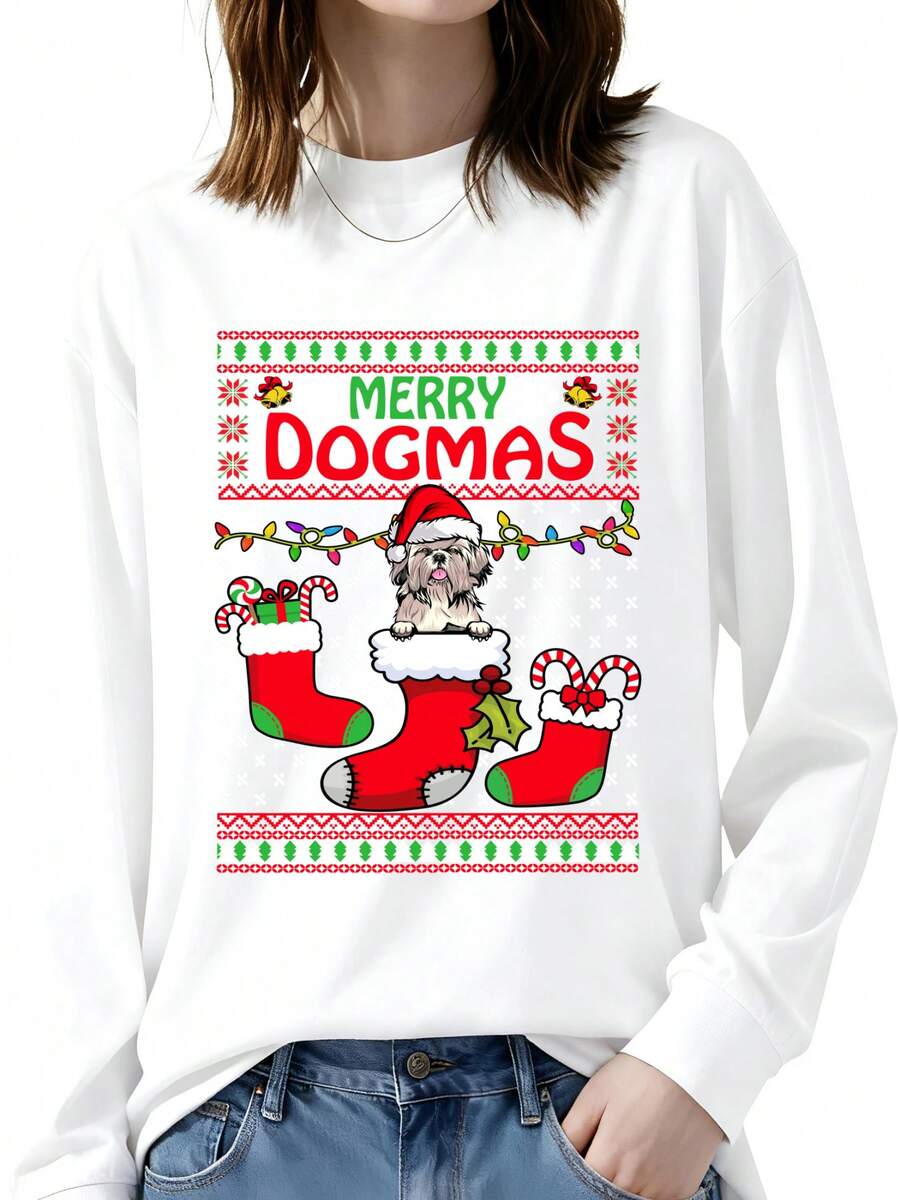 メリー ドグマ シーズー犬面白い醜いクリスマス 長袖Tシャツ テキスト柄長袖Tシャツ - ホワイト - チェックする 1