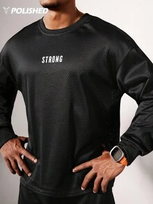 Acti Log 男士圆领长袖字母印花休闲运动 T 恤四向弹力材质吸汗轻盈塑形无缝设计修身运动休闲超大 T 恤 - 黑色 - 查看 8