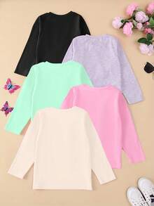 5pcs/Set Girls' Solid Color Soft Comfortable Lightweight Knit Fabric Long Sleeve T-Shirt And Pants Set, Autumn/Winter - Multicolor - View 2
