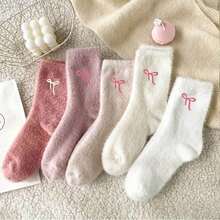 5 Pairs Of Women's Plush Bow Mid-Calf Socks Winter Fleece-Lined Thick Warm Sleep Socks Pink Set