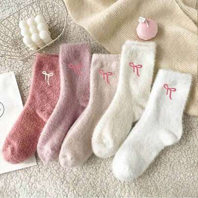 5 pares de calcetines de media caña con lazo de felpa para mujer, forrados térmicos, gruesos y cálidos para dormir, set en color rosa