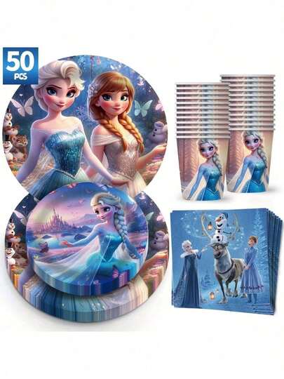 Disney Disney50-Piece Frozen Elsa Disposable Travel Tableware Set For 10 People, With 10 Dinner Plates, 10 Dessert Plates, 10 Paper Cups And 20 Paper Towels Suitable For Camping, Patio Barbecue, Wedding Birthday Party Supplies Set, Perfect For Halloween, Christmas, Thanksgiving And Holiday Dinners. It Is Ideal For Halloween Decorations, Christmas Decorations, Thanksgiving Decorations And Holiday Party Decorations.