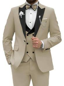 2026 Men's Casual Blazer & Pant Set  Men's Tuxedo Suit 3 Piece Slim Fit Suit For Men Tuxedo For Men Wedding Party Dinner Prom Relaxed Stretch Fit For Smart Casual Events - 卡其色 - 查看 1