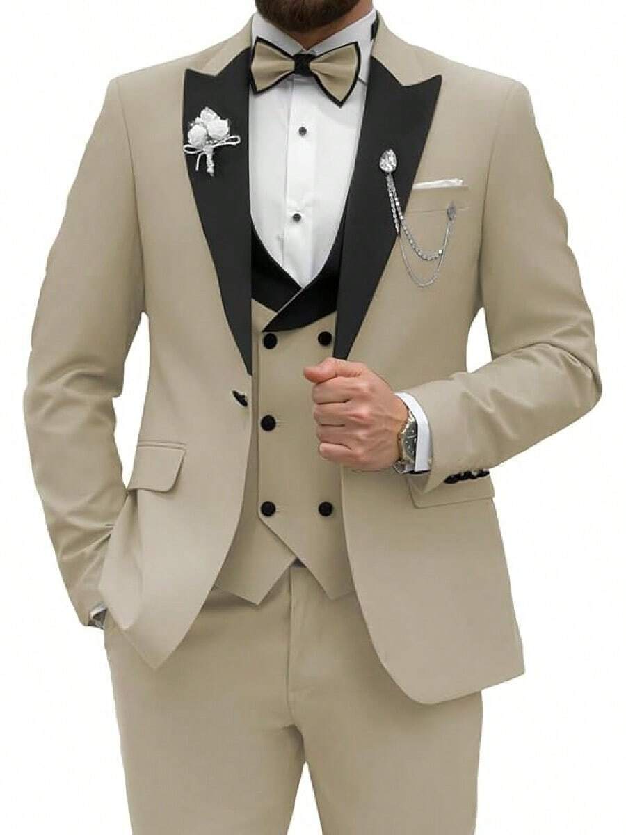 2026 Men's Casual Blazer & Pant Set Men's Tuxedo Suit 3 Piece Slim Fit Suit For Men Tuxedo For Men Wedding Party Dinner Prom Relaxed Stretch Fit For Smart Casual Events - 卡其色 - 查看 1