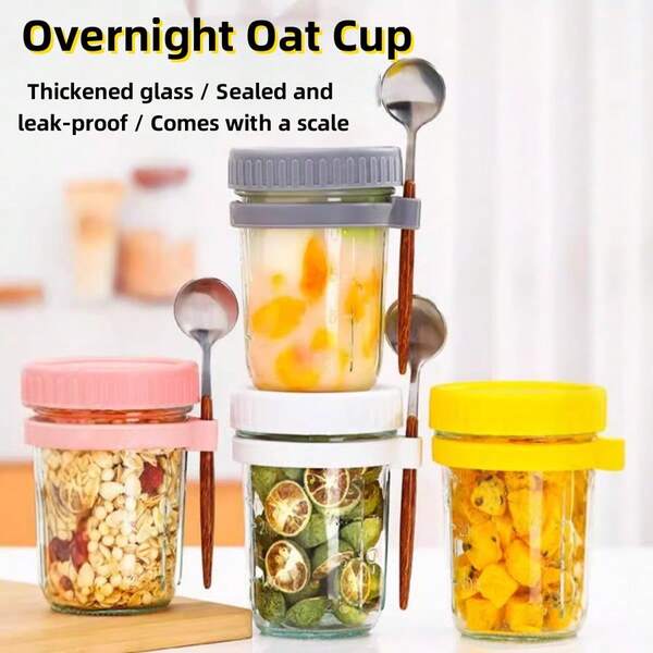 1pc Overnight Oats Glass Cup With Lid And Spoon, Mason Jar Sealed Breakfast, Salad, Yogurt Cup, Salad Cup, Portable Out-Of-Home Cup For Picnics And Camping Overnight Oats Cup With Spoon And Lid, Sealed Cup With High Aesthetic Value.
