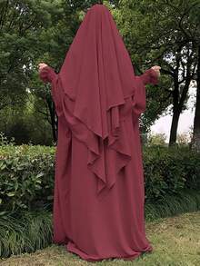 1 Set de Hiyab musulmán de doble capa elegante con buena privacidad, suave y cómodo + Vestido musulmán con diseño de manga elástica, Abaya clásica y versátil (Vestido + Hiyab)