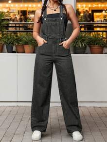 Pantalones de peto vaqueros holgados estilo casual para mujer - Jeans rectos versátiles con diseño relajado y cómodo - Negro - Ver 1