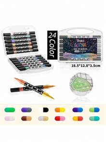 Set de 96/72/48/24 bolígrafos de doble punta con purpurina, bolígrafos de pincel de doble color para dibujo y arte, con puntas de purpurina perlada gruesas y suaves que no se desvanecen, bolígrafos de acuarela, suministros de arte, regalo para fiestas. Nota: El diseño de la etiqueta del embalaje puede variar debido a las diferencias en los lotes de producción. - Multicolor - Ver 7