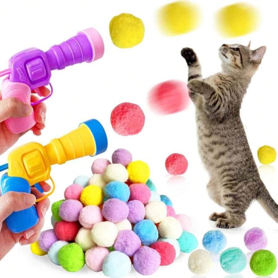 2 Cat Toy Launchers & 100 Cat Pom Pom Balls,Cat Toys Balls Launcher,Launch Ball Interactive Toy,Silent Plush Elastic Ball For Kitty,21493836 - 粉色 - 查看 1