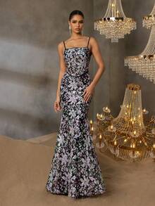 Elegant Formal Evening Gown With Thin Straps & Mermaid Tail Hem - Women's Banquet Dress, Black-Tie Event Gala Dress, Red Carpet Reception Gown, Wedding Guest Dress, Wedding Prom Dress - Black - View 3