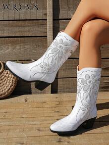 WRCVS White Handmade Beaded Retro Mid-Calf Boots, Women's Classic Pointed Toe Slip-On Western Cowboy Boots, Solid Color Pointed Toe Chunky Heel Outdoor Boots, Suede Fabric Fashion Boots With Chunky Stable Heel, Embroidery Detailed - White - View 5