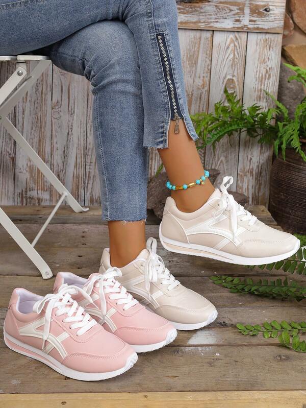 Women's Color Block Painted Casual Sneakers, Lace-Up Athletic Shoes For Outdoor, Suitable For Various Occasions