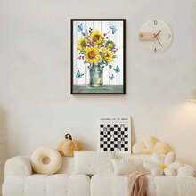 Framed 2D Canvas Modern Wall Art  Flat, 1pc  Sunflower & Butterfly Canvas Wall Art - Vibrant Yellow Sunflowers In Mason Jar With Blue Bees, Spring Floral Painting For Home Decor, Vertical Or Horizontal Display, Indoor/ Decoration, Easter/Mother's Day Gift, Farmhouse Style,  Flat Poster Print, Beige & Blue Hues, Easy To Hang (No Hardware) - Ideal For Living Room, Bedroom, Kitchen, Bathroom, Office, Bar Decor - Đóng khung - Xem 1