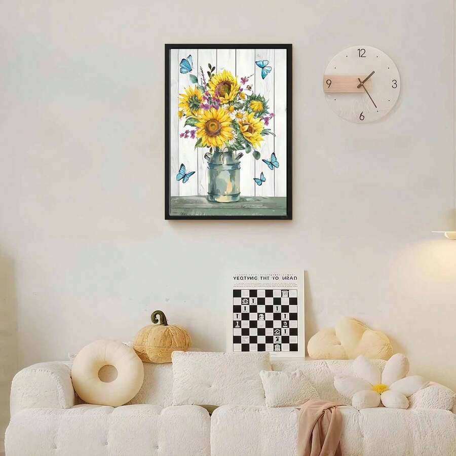 Framed 2D Canvas Modern Wall Art  Flat, 1pc  Sunflower & Butterfly Canvas Wall Art - Vibrant Yellow Sunflowers In Mason Jar With Blue Bees, Spring Floral Painting For Home Decor, Vertical Or Horizontal Display, Indoor/ Decoration, Easter/Mother's Day Gift, Farmhouse Style,  Flat Poster Print, Beige & Blue Hues, Easy To Hang (No Hardware) - Ideal For Living Room, Bedroom, Kitchen, Bathroom, Office, Bar Decor - Đóng khung - Xem 1