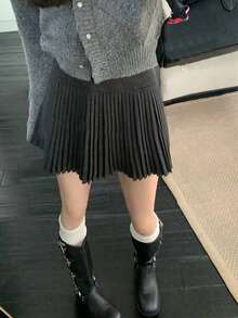 女士秋冬百褶迷你裙，无弹羊毛面料，休闲A字及膝裙