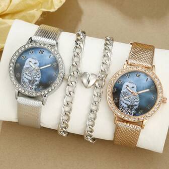 2 件豪华情侣手表，金色和银色猫头鹰表盘情侣手表 + 心形珠宝，情人节、朋友、女朋友的最佳礼物选择