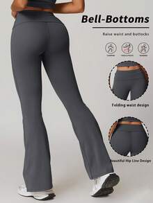 YZMJAFU 女士翻边瑜伽裤，喇叭裤型运动裤，纯色弹力宽松健身休闲紧身裤，少女返校季穿搭紧身裤 - 灰色 - 查看 1