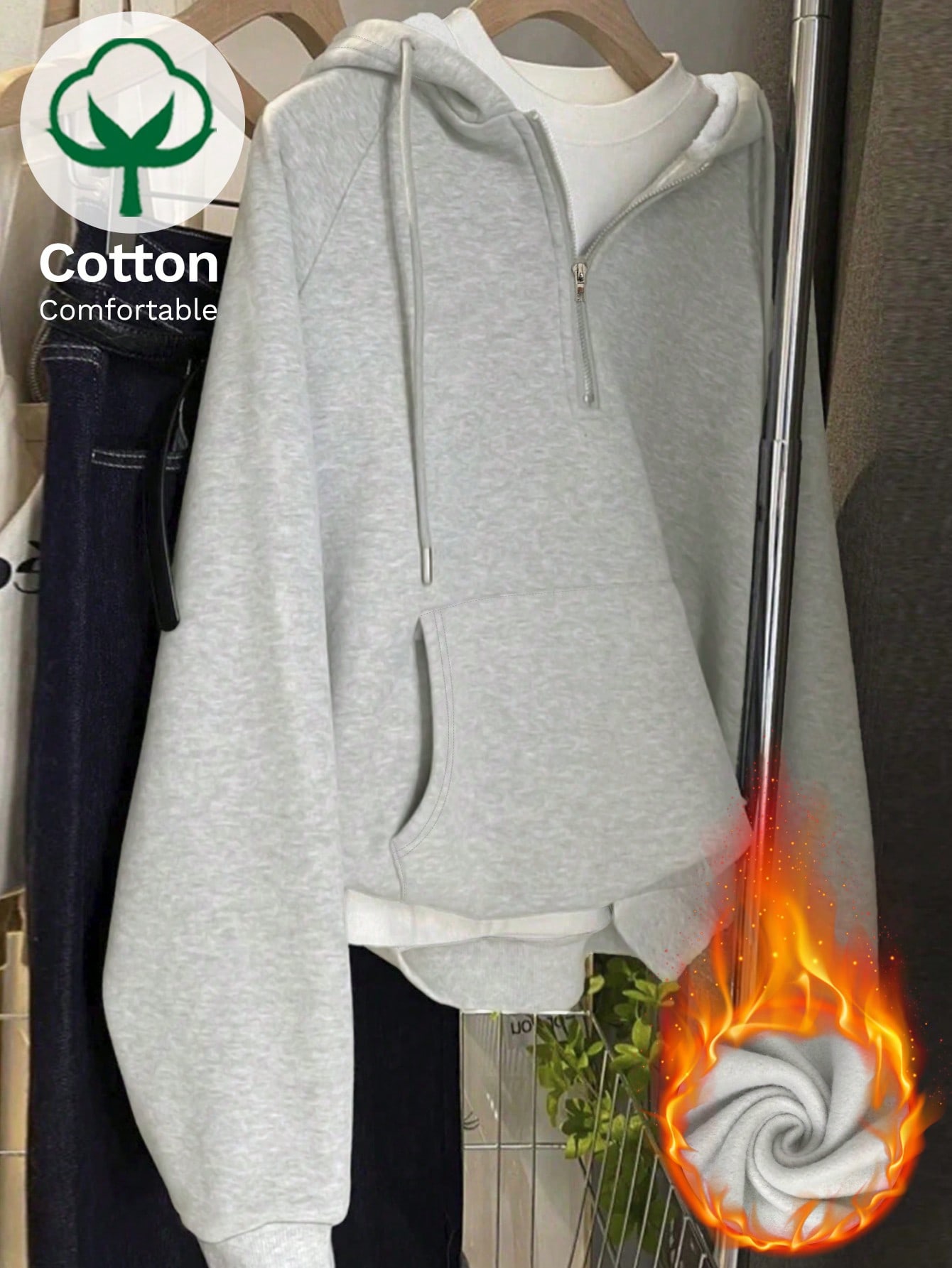 هودي قطني كاجوال نسائي بقبعة وسستة – رمادي فاتح