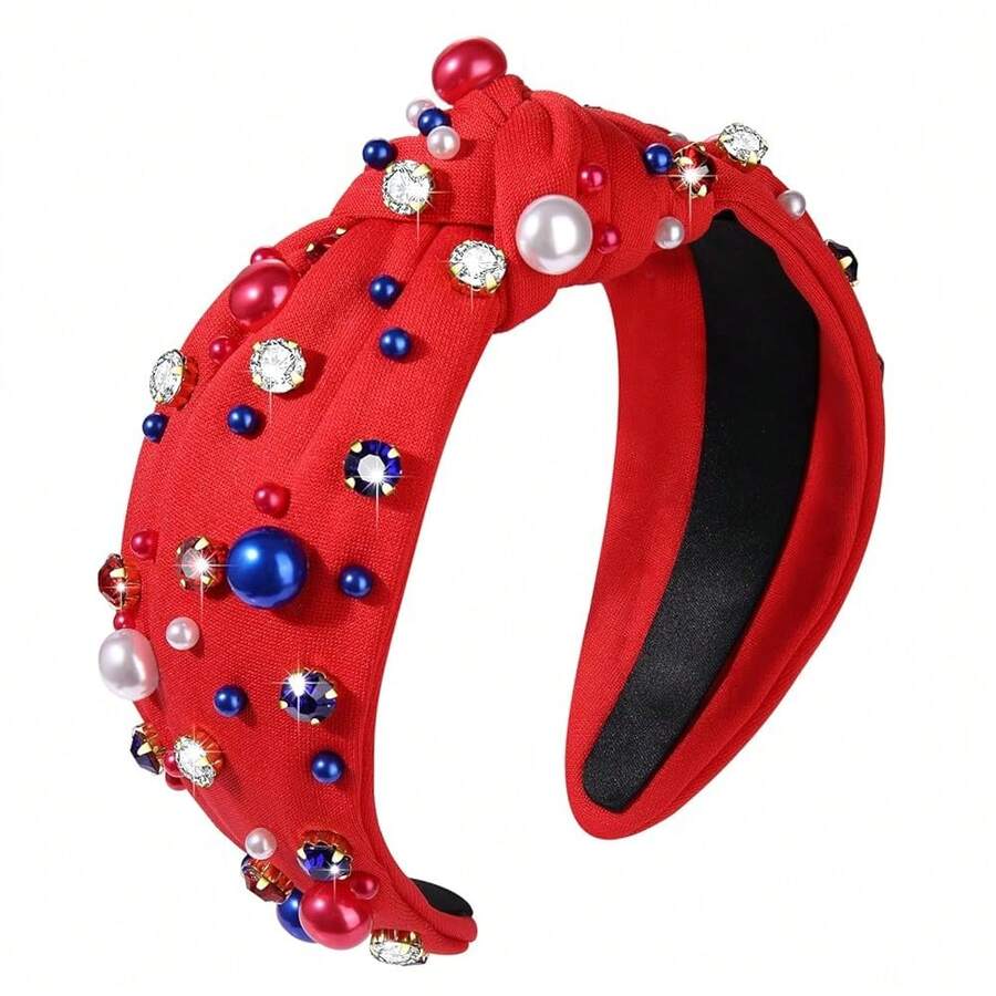 4th Of July Knotted Headband -USA Patriotic Red White Blue Pearl Rhinestone Hairband -American Flag Fourth Of July Fashion Head Band Hair Accessories Gift - 紅色白色藍色珍珠髮帶紅色 - 查看 1